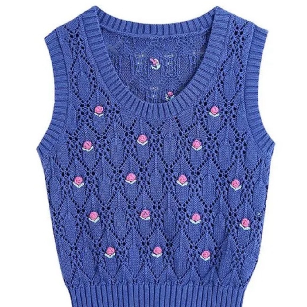 Zara Vest Knit Floral Embroidered Crochet Sweater Cottagecore 100% Cotton